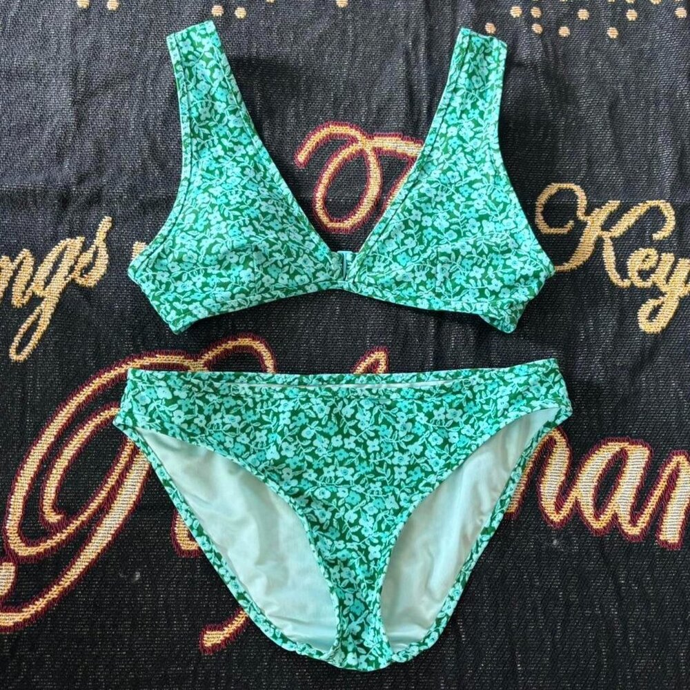 Aerie Green Floral Plunge Bikini Top